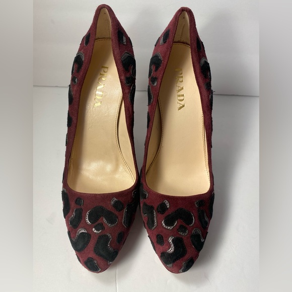 Prada suede pumps heels leopard burgundy black 35.5 - Picture 2 of 9